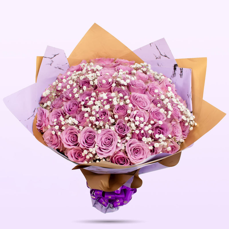 The Purple Roses & White Baby Breath Bouquet