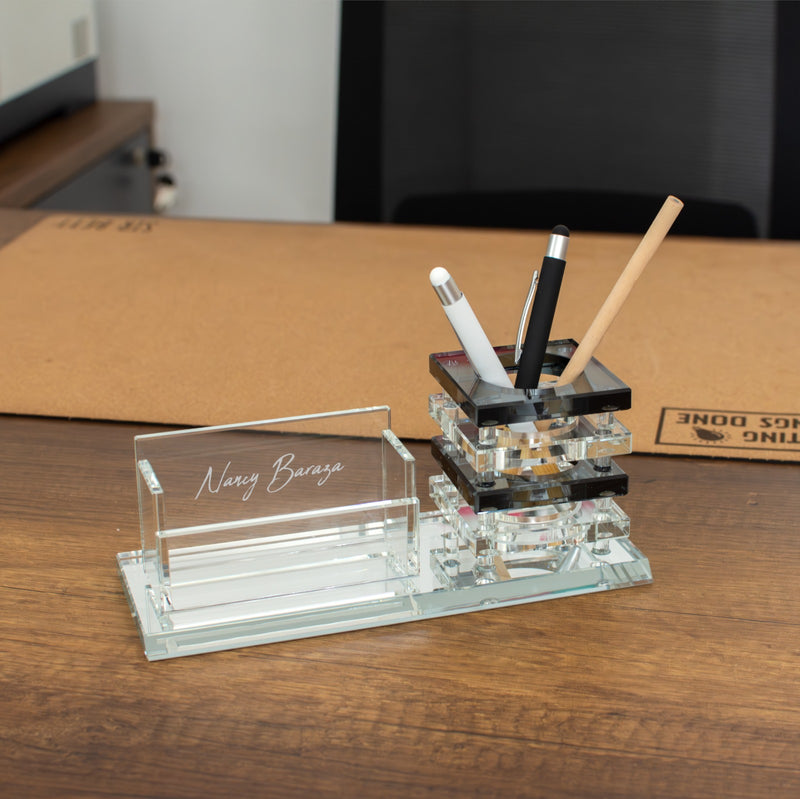 Personalised Glass Desk Organiser With Black Stand