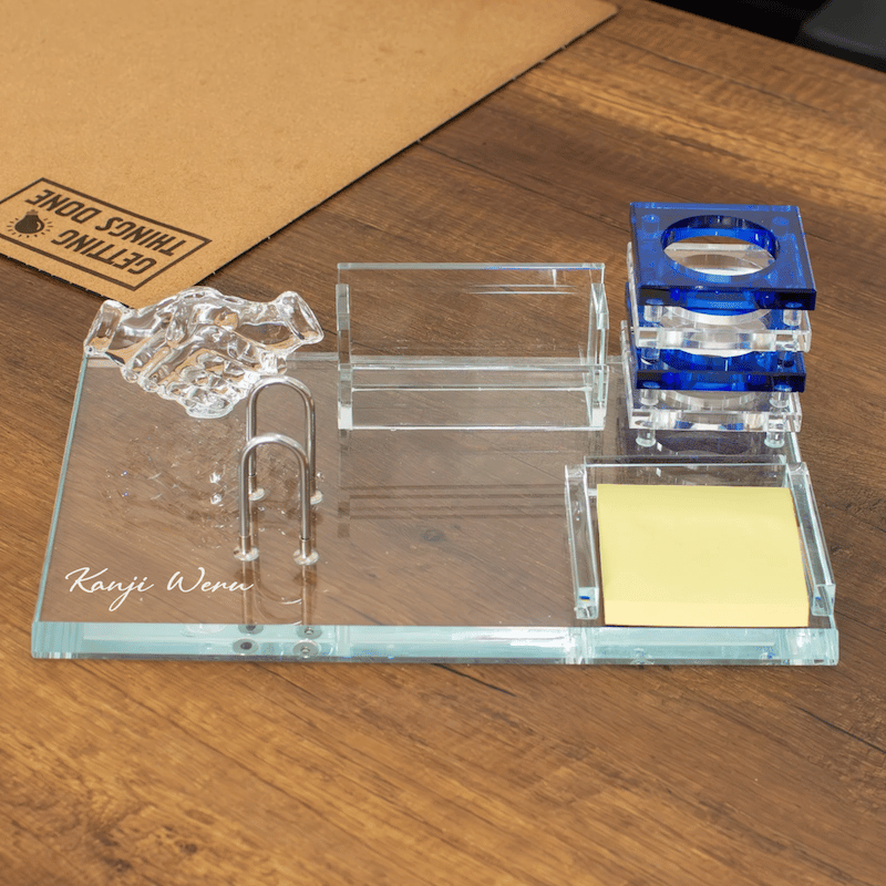 Personalised Glass Desk Organiser With Blue Pen Stand