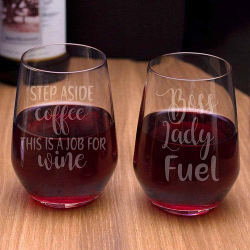 Set of Two Personalised Stemless Wine Glass (Boss)